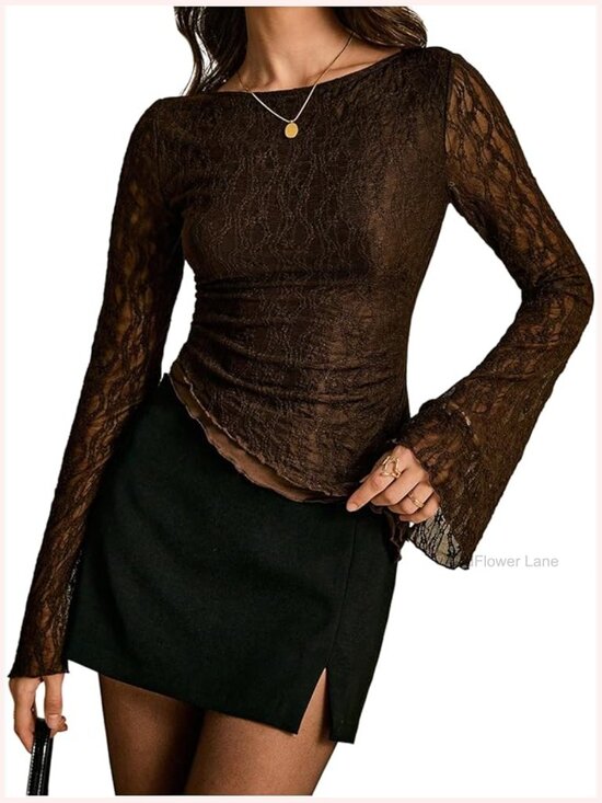 Tops - Asymmetrical Lace Bell Long Sleeve Fitted Top, Y2K Sheer Going Out Top